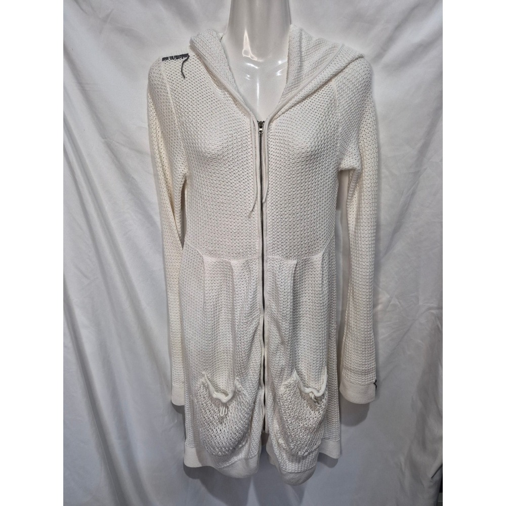 Project E Vintage White Cotton Knit Longline Zip Up Hooded Cardigan Large